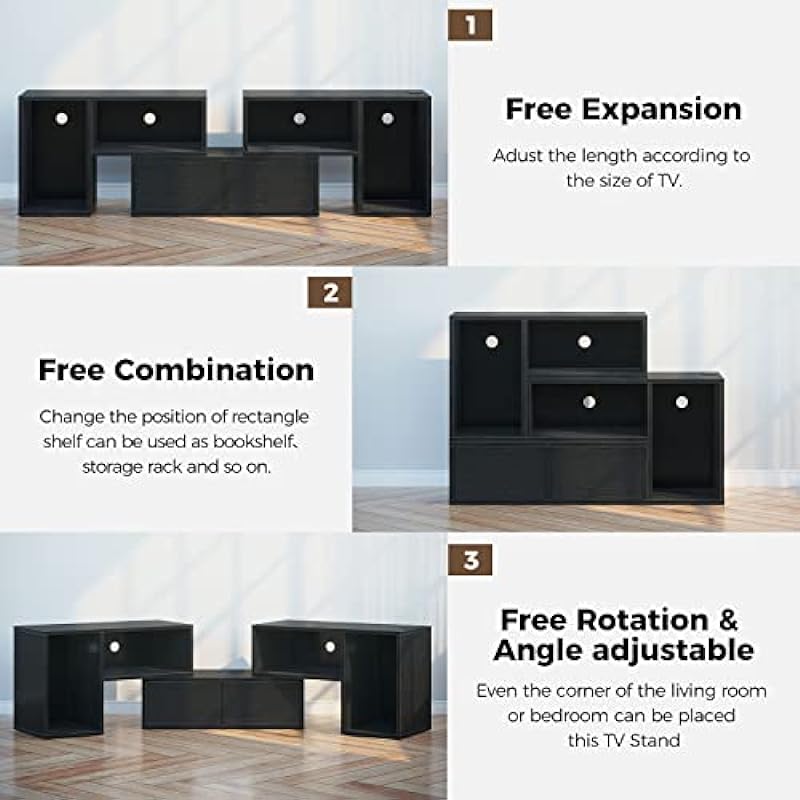 Rolanstar TV Stand, Deformable TV Stand with LED Strip & Power Outlets, Modern Entertainment Center for 45/50/55/60/65/70 inch TVs, 3 Pieces TV Stand with Open Storage and 2 Storage Cabinet, Black
