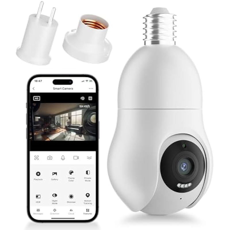 4MP Light Bulb Security Camera Indoor with Full-Color Night Vision 360° Panoramic 2K Outdoor Surveillance Camera WiFi Wireless, Light/Sound Alarm, Two-Way Talk Remote View(D1)