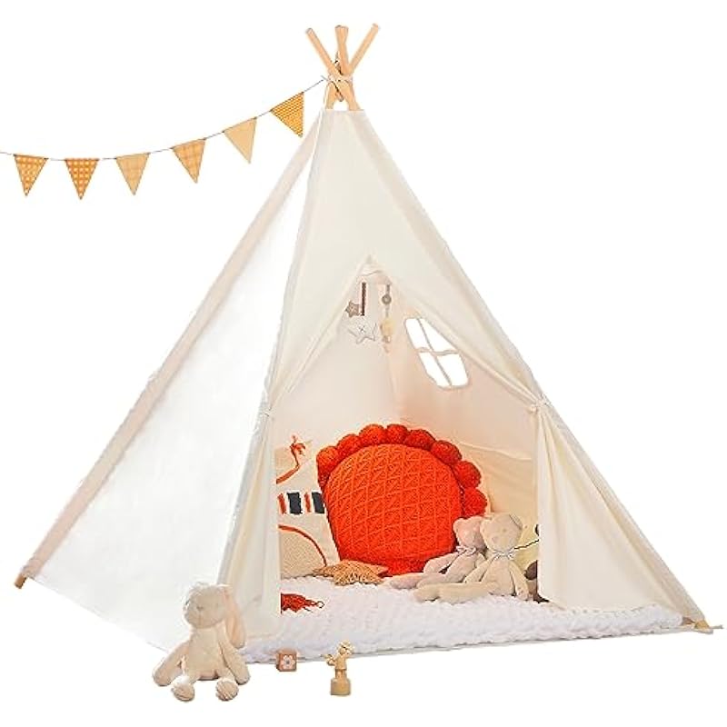 Monobeach Teepee Tent for Kids Foldable Children Play Tent for Girl and Boy with Carry Case 4 Poles White Canvas Playhouse Toy for Indoor and Outdoor Games (White)