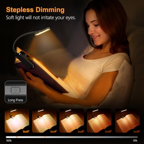 Gritin 19 LED Rechargeable Book Light for Reading in Bed with Memory Function- Eye Caring 3 Color Temperatures,Stepless Dimming Brightness,80 Hrs Runtime Lightweight Clip On Light for Book Lovers