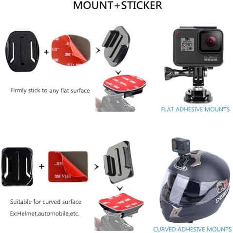 TANSUO Helmet Adhesive Sticky Mounts Flat Curved Stickers, 36Pcs Action Camera Accessory Kit Helmet Mounting Attachment and Buckle Mount, Helmet Mount Kit for GoPro and Other Action Camera