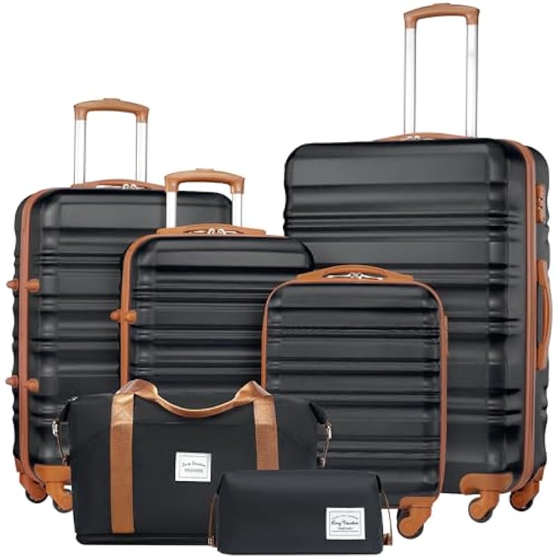 LONG VACATION Luggage Set 4 Piece Luggage Set ABS Hardshell TSA Lock Spinner Wheels Luggage Carry on Suitcase(Black-Brown, 6 Piece Set)