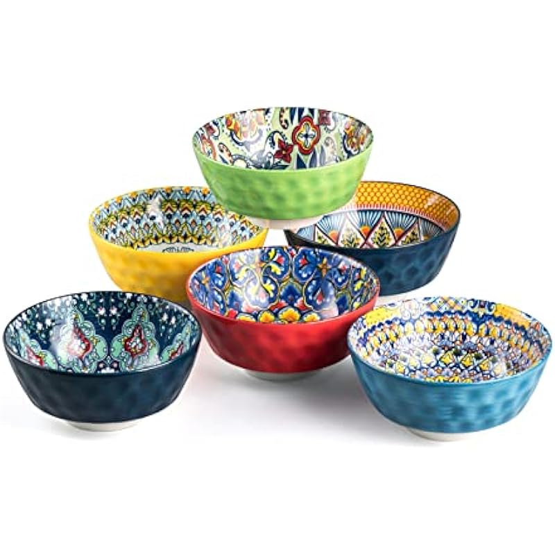 HENXFEN LEAD Ceramic Snack, Dessert Bowls Set of 6-12 Oz Colorful Small Bowl Set for Ice Cream, Nut, Condiment – Porcelain Side Dish Bowls for Dipping, Salsa – Bohemian Style