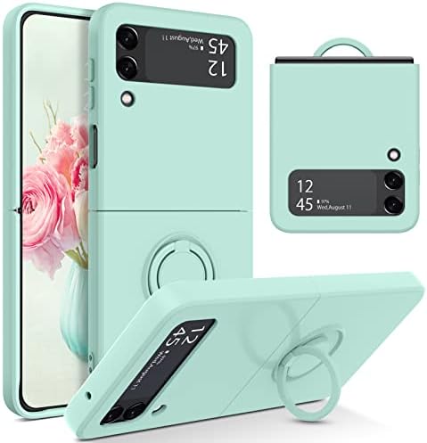 YINLAI Samsung Galaxy Z Flip 3 Case, Phone Case Samsung Z Flip3 5G, Slim Silicone Kickstand Ring Holder Shockproof Protetive Bumper Girls Women Cover, Mint Green