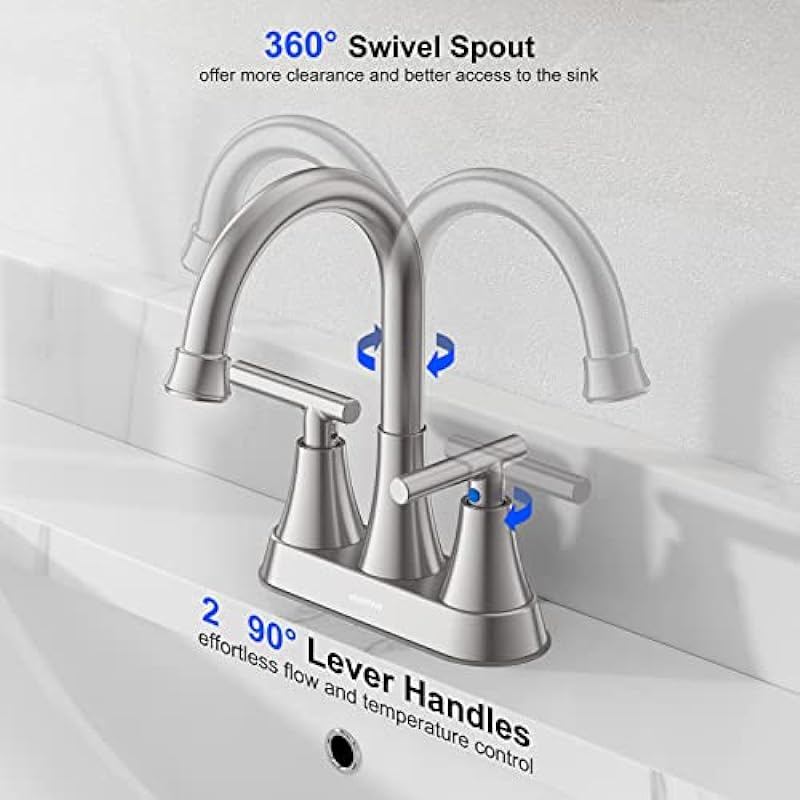 Bathroom Faucets for Sink 3 Hole, Hurran 4 inch Brushed Nickel Bathroom Sink Faucet with Pop-up Drain and Supply Hoses, Stainless Steel Lead-Free 2-Handle Centerset Faucet for Bathroom Sink Vanity RV