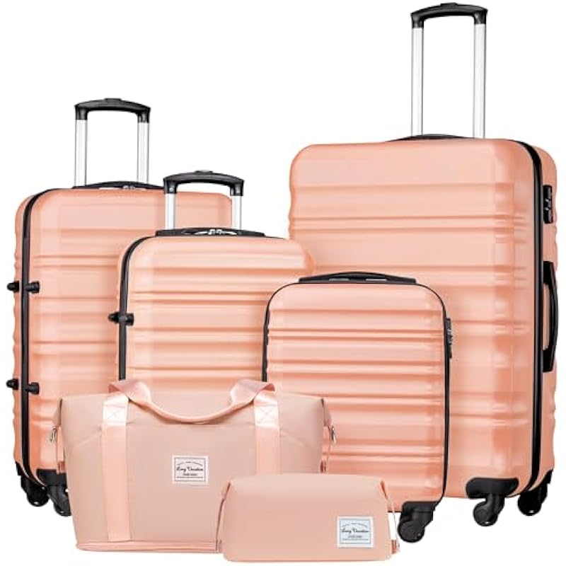 LONG VACATION Luggage Set 4 Piece Luggage Set ABS Hardshell TSA Lock Spinner Wheels Luggage Carry on Suitcase(Pink, 6 Piece Set)