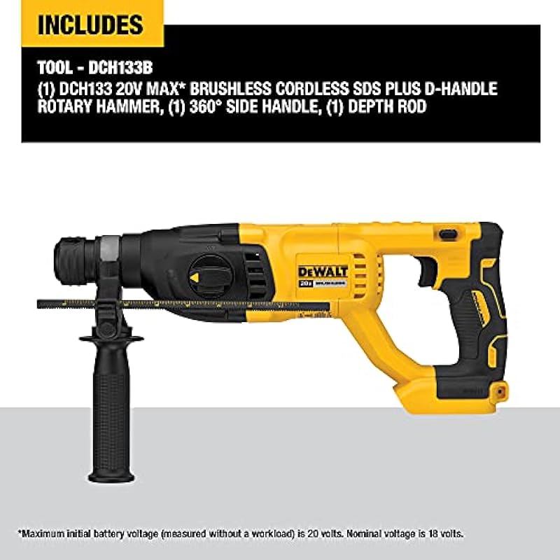 DEWALT 20V MAX* XR Cordless Rotary Hammer Drill, 1” D-Handle, Tool Only (DCH133B)