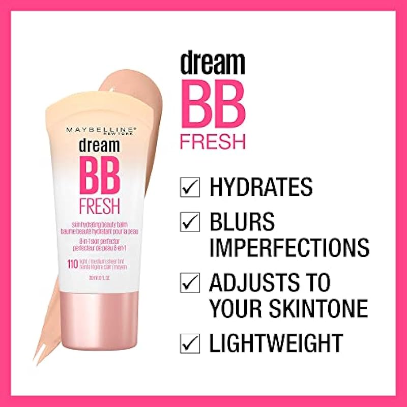 Maybelline Dream Fresh Skin Hydrating BB cream, 8-in-1 Skin Perfecting Beauty Balm Sheer Tint Coverage, Oil-Free, Medium, 1 Fl Oz