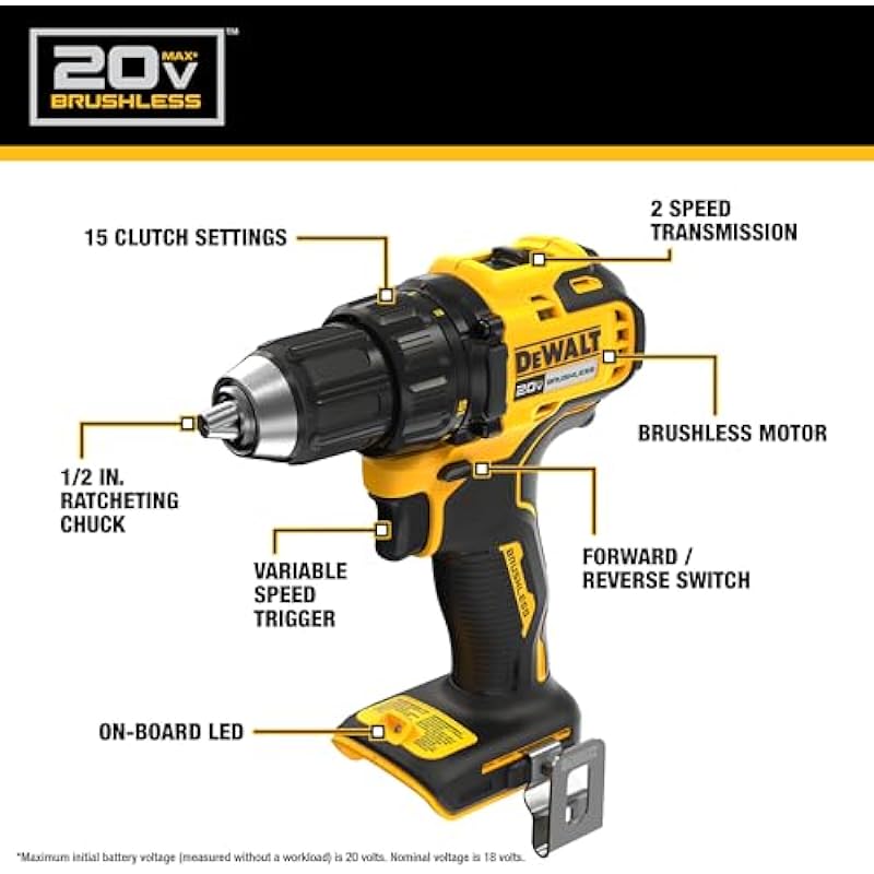 DEWALT 20V MAX Brushless 1/2 in. Cordless Compact Drill Driver Kit, Ratcheting Chuck, LED (DCD793D1)