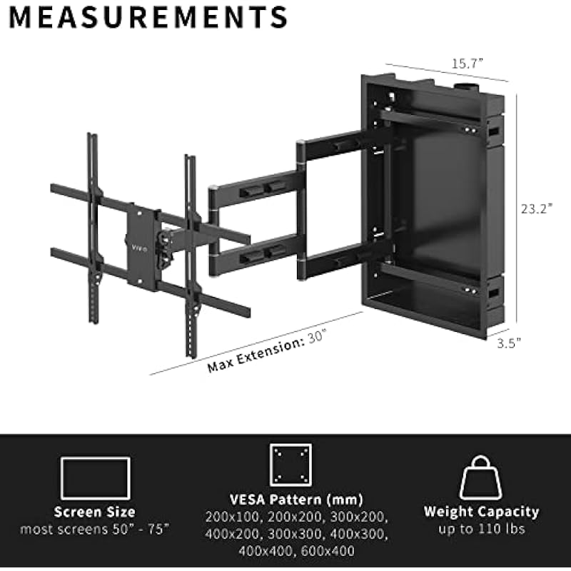 VIVO Recessed 50 to 75 inch LED LCD TV Wall Mount, Articulating Full Motion in-Wall TV Bracket for Flush Installation, 30 Inch Extended Articulating Arm, Holds up to 50kg, Black, MOUNT-REC01