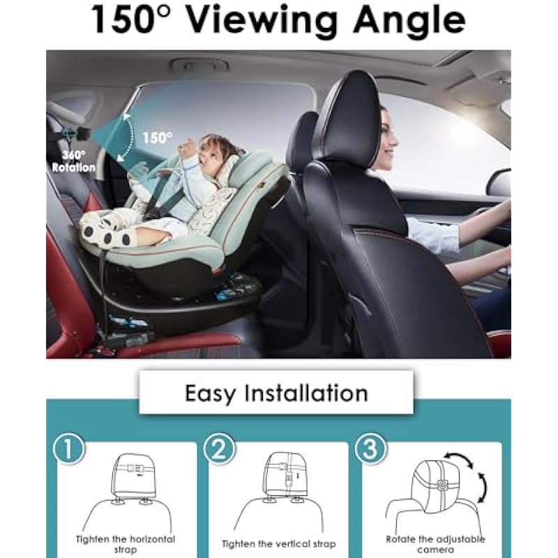 Zacro Baby Car Camera HD 1080P – 150°Viewing Angle Baby Car Seat Mirror with 360°Adjustable Camera & 4.3” Display – Baby Car Monitors with Night Vision, Sticky Pad Mount – Baby Car Mirror Rear View