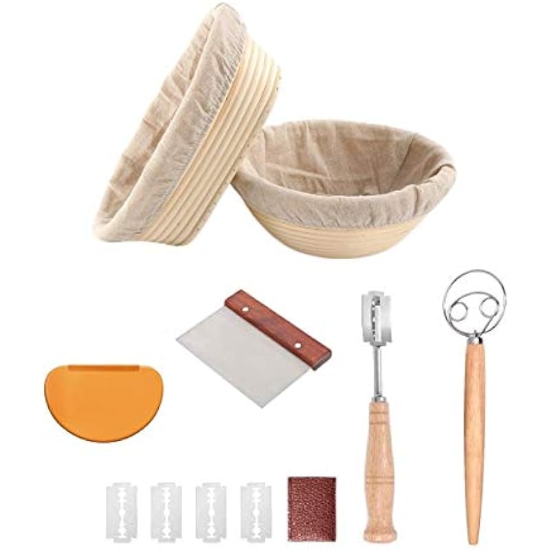 Bread Proofing Basket Set Of 2 Round and Oval, Banneton Proofing Basket + Danish Dough Whisk + Bread Scoring Lame + Stainless Steel Dough Scraper + Flexible Scraper, Sourdough Tools Kit, Baking Gifts