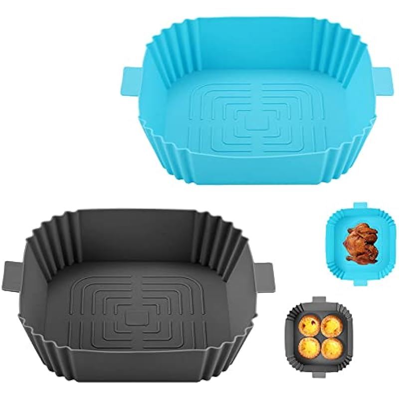 Air Fryer Silicone Pot Silicone Air Fryer Liners Reusable Air Fryer Accessories Air Fryer Silicone Liner Replacement of Parchment Paper Liners for Baking Oven Microwave (7.8inch, Blue + Grey)