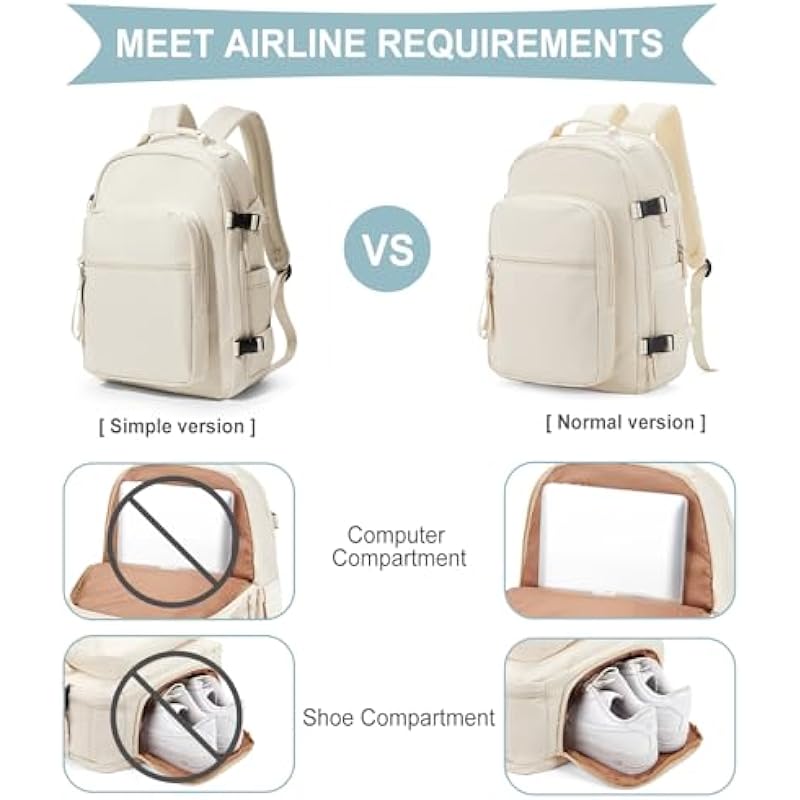 Cabin Bags for Travel Underseat Carry-ons Bag for Women Hand Luggage Bag Men Travel Backpack Cabin Size Laptop backpack Fit 15.6 inch Laptop Beige Simple