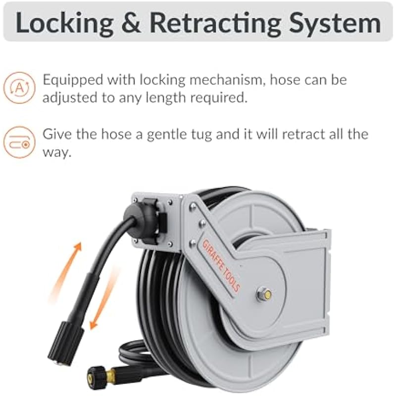 Giraffe Tools Pressure Washer Hose Reel, 1/4″ x 65 ft Retractable Pressure Washer Reel,Steel Power Reel, Wall/Ceiling/Floor Mounted, 3200PSI, 2 * M22-15mm Connectors, Heavy Duty