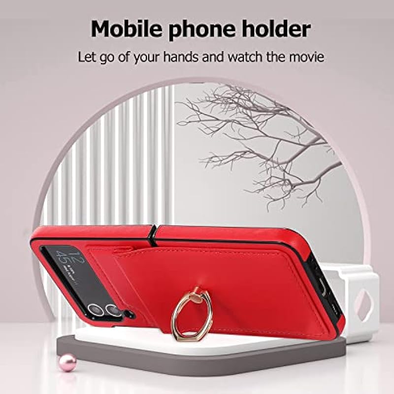 Phone Case for Samsung Galaxy Z Flip 4 5G 2021 Cover with Hinge Protection Ring Holder Stand Slim Shockproof Shell PU Leather Protective Cell Accessories ZFlip4 Z4 Flip4 4Z Flip4case Women Girls Red