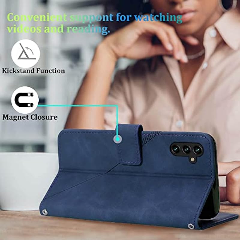 A14 5G Case Wallet,for Samsung A14 Case,[Kickstand][Wrist Strap][Card Holder Slots] TPU Interior Protective for Galaxy A14 5G Case,Leather Folio Flip Cover for Samsung Galaxy A14 5G (Blue)