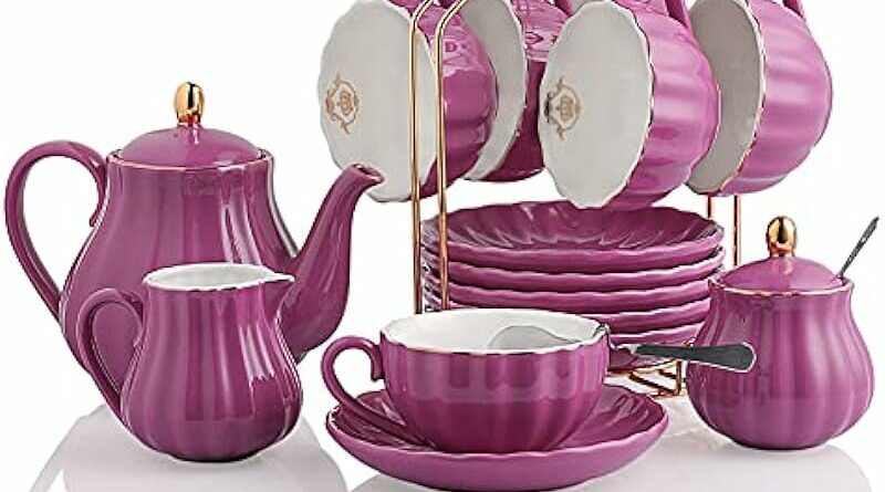 Porcelain Tea Sets British Royal Series, 8 OZ Cups& Saucer Service for 6, with Teapot Sugar Bowl Cream Pitcher Teaspoons and Tea Strainer, Suitable for High Tea, Wedding, Party,Sweejar (Blue Violet)