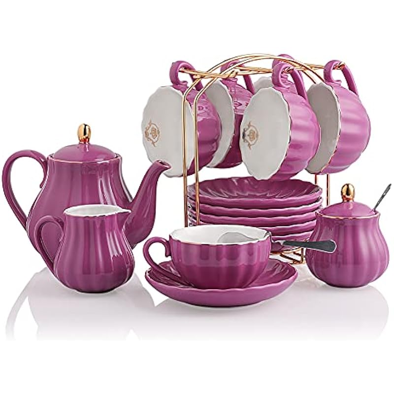 Porcelain Tea Sets British Royal Series, 8 OZ Cups& Saucer Service for 6, with Teapot Sugar Bowl Cream Pitcher Teaspoons and Tea Strainer, Suitable for High Tea, Wedding, Party,Sweejar (Blue Violet)