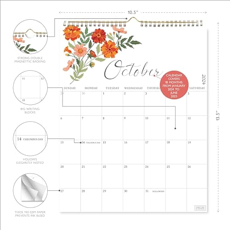 S&O Twelve Flowers 18 Month Wall Calendar 2024-2025 for Home – Tear-Off Monthly Calendar Jan 2024-Jun 2025 – Academic Wall Calendar 2024-2025 – Hanging Calendar to Track Appointments – 13.5″x10.5”in