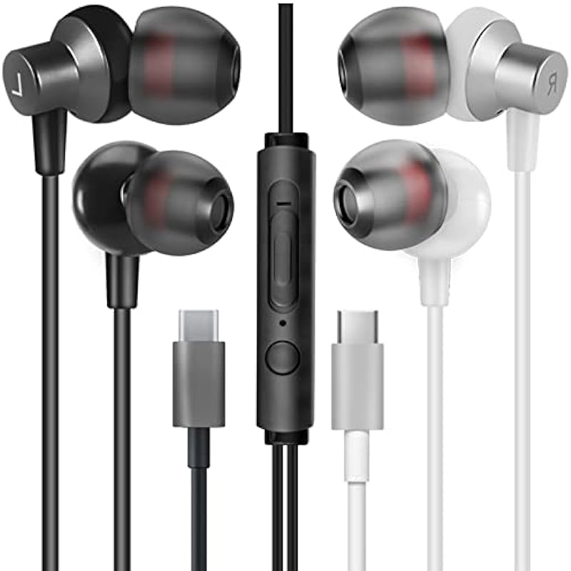 [2 Pack] MAS Carney TI3 Wired USB Type C Headphones, USB C Earbuds, Earphones with Microphone for Samsung S20, Huawei P30 P40, Oppo, Honor, Google Pixel and Other Smartphones with Type-C Interface