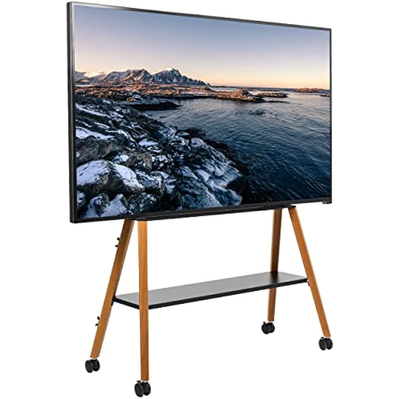 VIVO Rolling Artistic Easel 49 to 75 inch LED LCD Screen Mobile Studio TV Display Stand, Wood Accessory Shelf, Adjustable TV Mount with 4 Dark Walnut Legs, Black Frame, STAND-TV75R