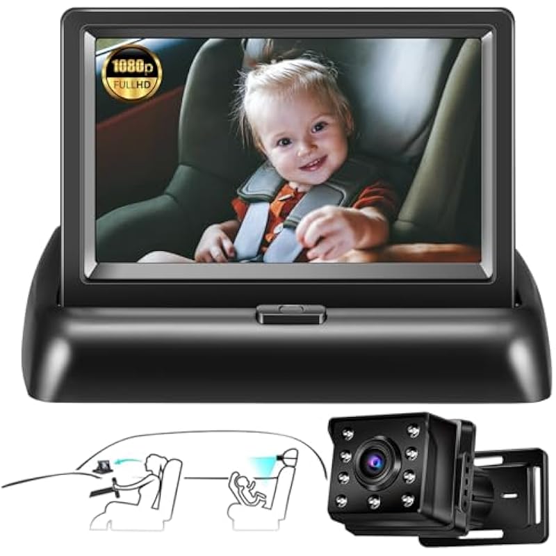 Zacro Baby Car Camera HD 1080P – 150°Viewing Angle Baby Car Seat Mirror with 360°Adjustable Camera & 4.3” Display – Baby Car Monitors with Night Vision, Sticky Pad Mount – Baby Car Mirror Rear View