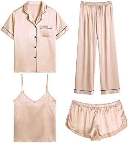 SWOMOG Womens 4pcs Pajamas Sets Silk Satin Sleepwear Sexy Cami with Button Down Short Sleeve Shirt Pjs Loungewear