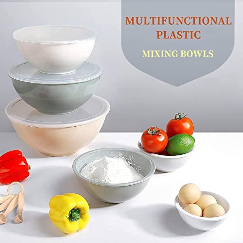 Mixing Bowls with Airtight Lids, Umite Chef 18 Piece Plastic Nesting Bowls Set Includes Measuring Cups, Microwave Safe Mixing Bowl Set Great for Mixing, Baking, Serving, Dishwasher (Khaki) …