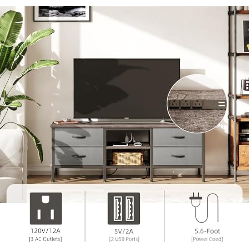CAIYUN TV Stand with Storage, TV Table 55 Inch with Drawers&Power Outlets&USB Ports for 60 65 Inch TV, TV Console Table, TV Bench for Living Room, Bedroom(Grey,55 Inch)