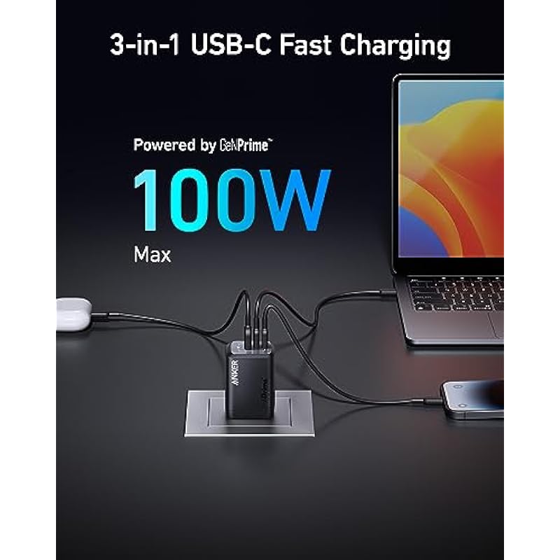 Anker Prime 100W USB C Charger, Anker GaN Wall Charger, 3-Port Compact Fast PPS Charger, for MacBook Pro/Air, Pixelbook, iPad Pro, iPhone 14 / Pro, Galaxy S23 / S22, Note20, Pixel, Apple Watch, and More