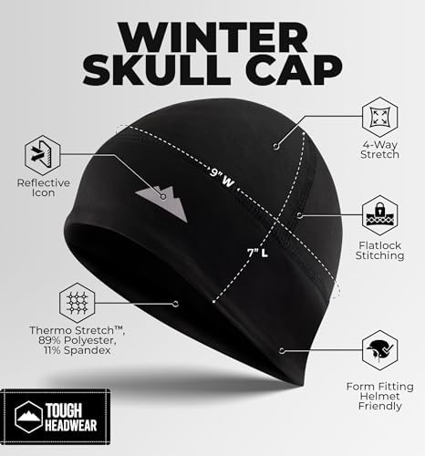 Tough Headwear Skull Cap Helmet Liner Running Beanie, Ultimate Moisture Wicking Winter Thermal Under Helmet Cycling Head Hat