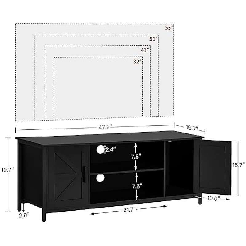 WEENFON Farmhouse Wood TV Stand for up to 55 Inch TV, Television Stands with 2 Barn Doors, TV & Media Furniture for Living Room,Bedroom, Black CWFTS03H