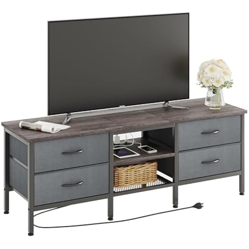 CAIYUN TV Stand with Storage, TV Table 55 Inch with Drawers&Power Outlets&USB Ports for 60 65 Inch TV, TV Console Table, TV Bench for Living Room, Bedroom(Grey,55 Inch)