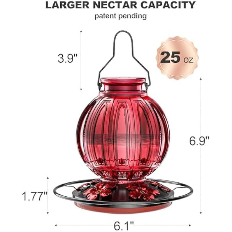 Glass Hummingbird Feeder for Outdoor Hanging, Bird Nectar Feeder with Perch & 5 Bee-Proof Flower Feeding Ports, 25 Oz Leak-Proof for Outside Garden Decor Backyard, Gifts for Women Mom, Red