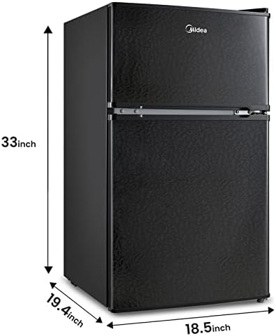 Midea WHD-113FB1 Double Door Mini Fridge With Freezer For Bedroom Office With Adjustable Legs Removable Glass Shelves Compact Refrigerator, 3.1 Cu Ft, Black