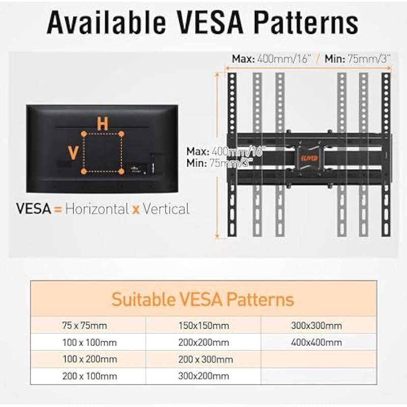 ELIVED UL Listed TV Mount for Most 26-65 Inch TVs, Full Motion TV Wall Mount Swivel and Tilt, Wall Mount TV Bracket Max VESA 400×400, Holds up to 100 lbs. Fits 8” 12” 16″ Wood Studs.