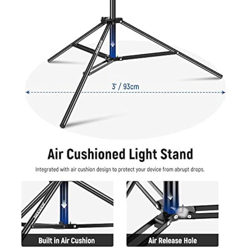 NEEWER Air Cushioned Aluminum Light Stand, 9.8ft/3m Adjustable Photography Stand with Boom Arm, Counterweight, Sandbag, 1/4″ Screw for Softbox, Studio Light, Flash, Umbrella, Ring Light, Max Load 5kg