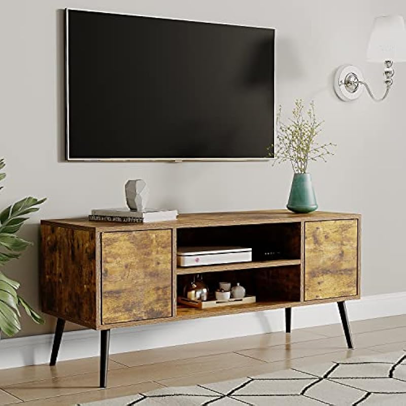 Yusong Retro TV Stand 50 Inch, Modern TV Bench TV Cabinet for TV Up to 55 Inches, Mid-Century Entertainment Center Stand TV Console with Doors and Shelves for Living Room Bedroom, Rustic Brown