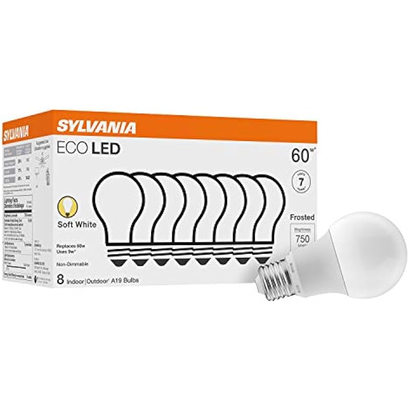 Sylvania ECO LED Light Bulb, A19 60W Equivalent, Efficient 9W, 7 Year, 750 Lumens, 2700K, Non-Dimmable, Frosted, Soft White – 8 Pack (40821)