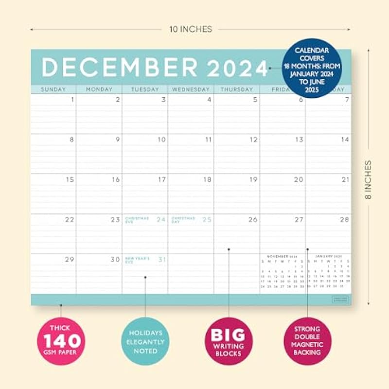 S&O Teal Magnetic Fridge Calendar from January 2024-June 2025 – Tear-Off Refrigerator Calendar to Track Events & Appointments – 18 Month Magnetic Calendar for Fridge for Easy Planning-8″x10″ in.