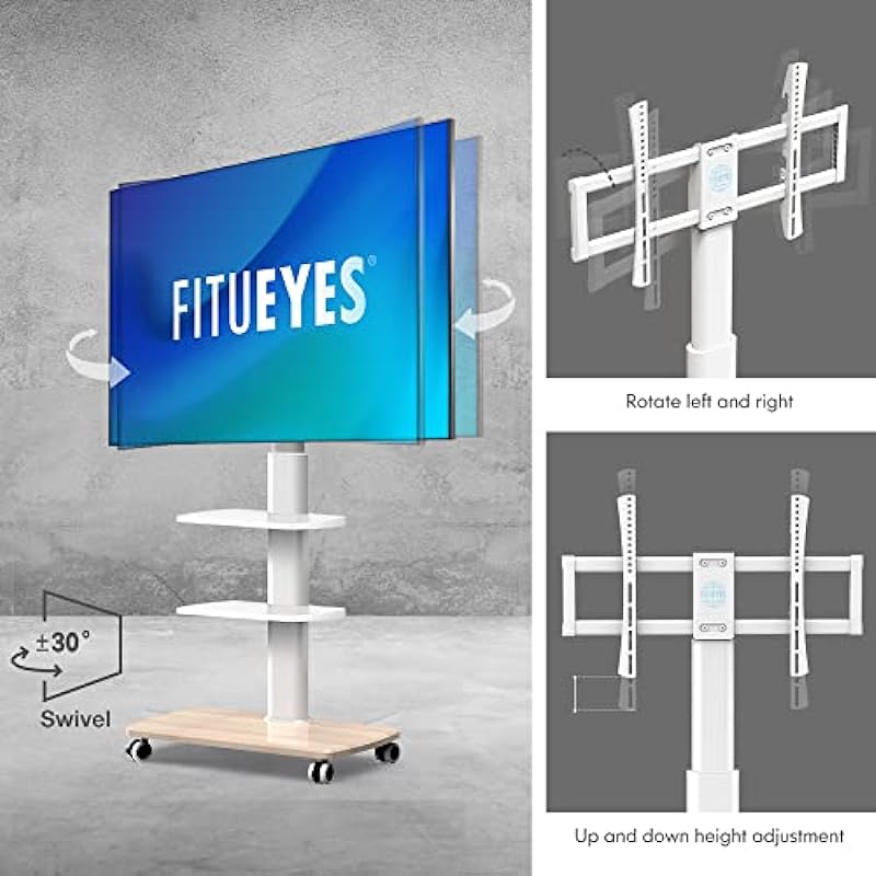 FITUEYES Mobile Floor TV Stand with Swivel Mount for 32-70 Inch Flat/Curved TVs, 3-Shelf Portable Rolling TV Cart with Load Capacity up to 88 lbs,Max VESA 600x400mm(White)