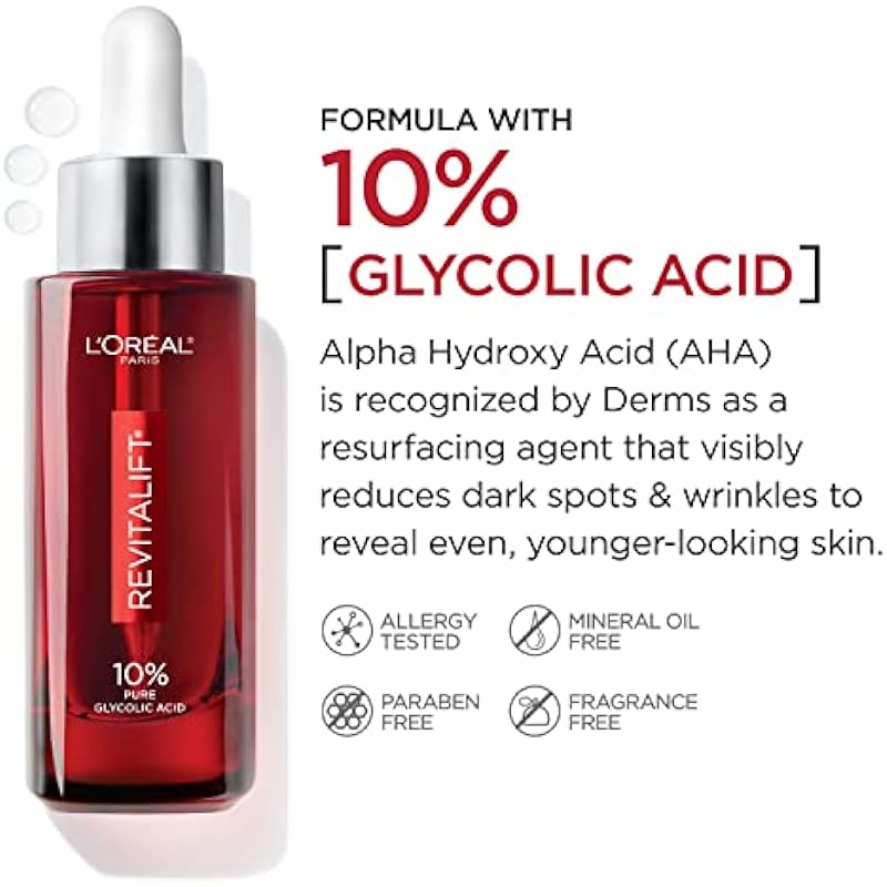 L’Oréal Paris Glycolic Acid Face Serum, Revitalift Triple Power LZR, With 10% Pure Glycolic Acid to Exfoliate and Reduce the Look of Wrinkles, Skincare, 30 Millilitre
