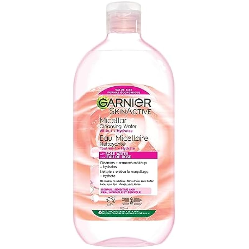 Garnier Micellar Cleansing Water, All-In-One Hydrating Makeup Remover, Face Cleanser With Rose Water & Glycerin, Hypoallergenic, Sensitive to Dry Skin, 700ml