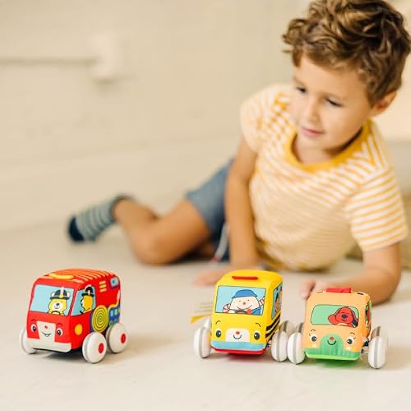 Melissa & Doug K’s Kids Pull-Back Vehicle Set – Soft Baby Toy Set With 4 Cars and Trucks and Carrying Case – Pull Back Cars, Soft Vehicles Toys For Babies And Toddlers