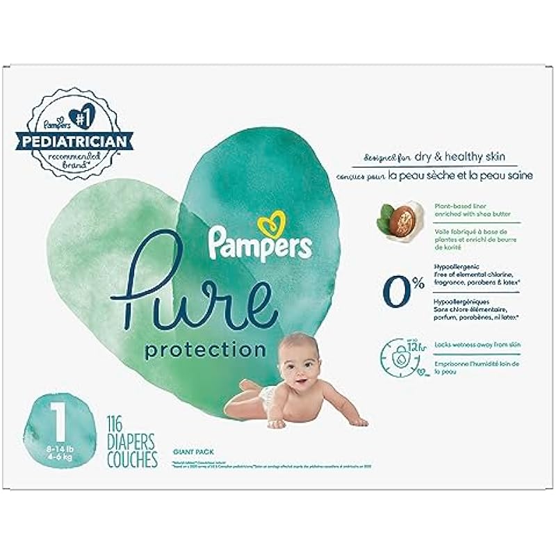 Pampers Diapers Size 1/Newborn, 116 Count – Pure Protection Disposable Baby Diapers, Hypoallergenic and Unscented Protection, Super Pack (Packaging & Prints May Vary)