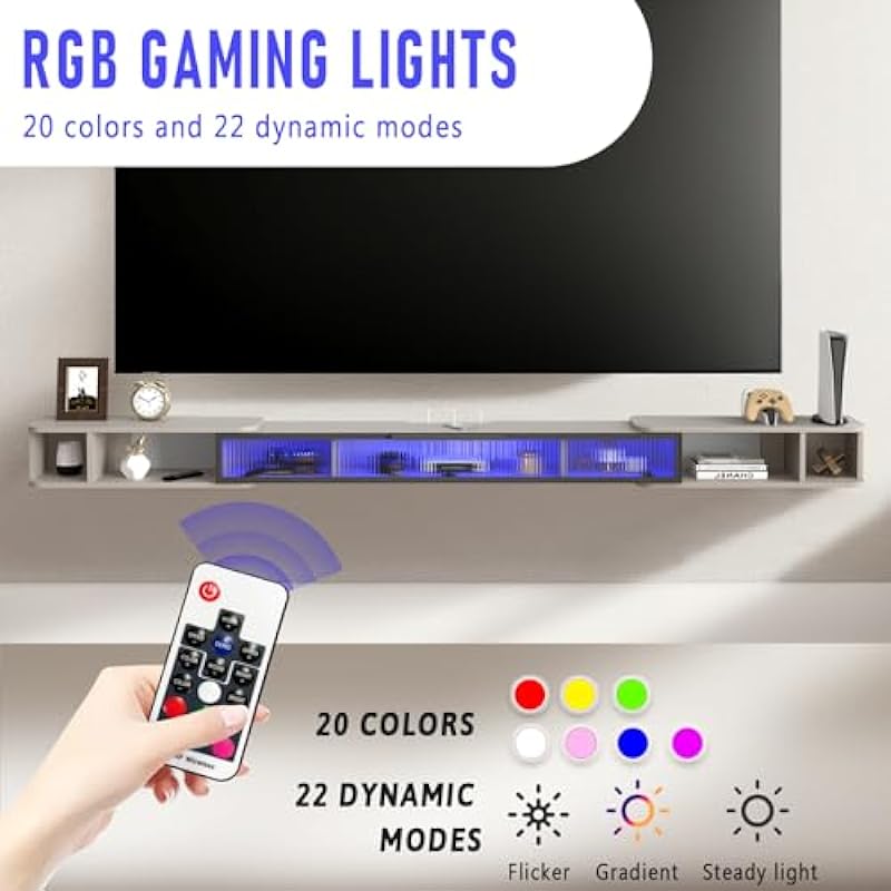 Pmnianhua Extendable Floating TV Stand with LED Lights,Adjustable Length 87” to 122” Floating Entertainment Center,Wall Mounted TV Console with Glass Door for Bedroom Living Room