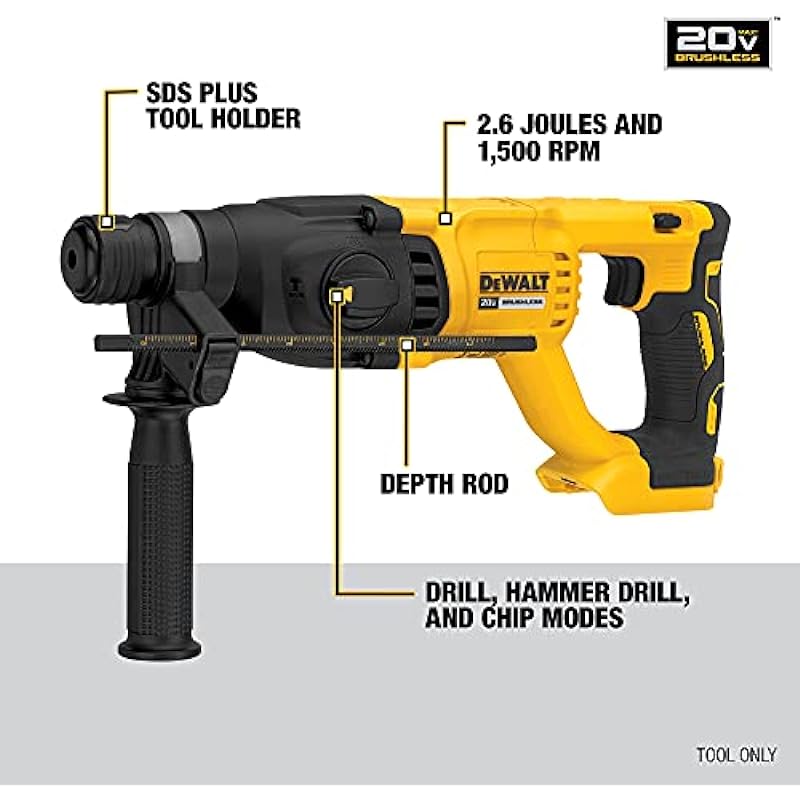 DEWALT 20V MAX* XR Cordless Rotary Hammer Drill, 1” D-Handle, Tool Only (DCH133B)