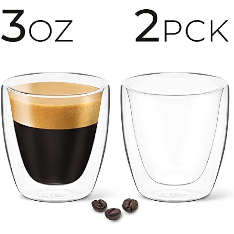 DLux Espresso Coffee Cups 80ml, Double Wall, Clear Glass Set of 2 3oz Glasses, Insulated Borosilicate Glassware Tea Cup Mug