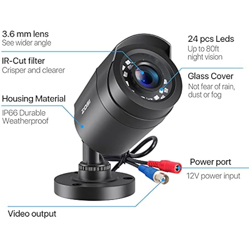 ZOSI 4 Pack 2MP 1080p HD-TVI Home Security Camera Outdoor Indoor 1920TVL,24PCS LEDs,80ft Night Vision, 90°View Angle, Weatherproof Outside Surveillance CCTV Bullet Camera(Black)